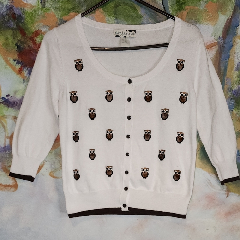 White and Brown OWL Pattern Cardigan Sweater